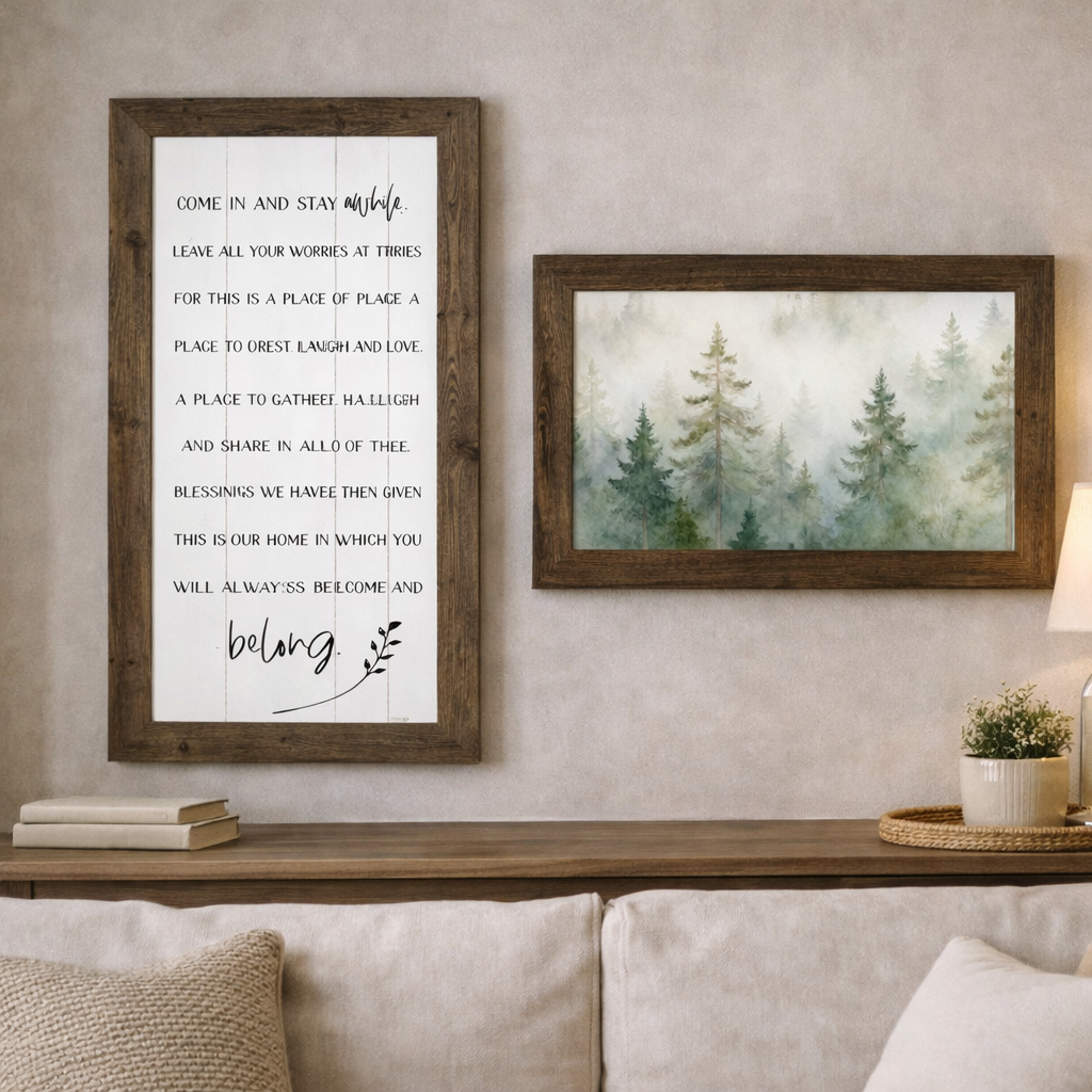 20x40 oversized framed wall art in horizontal and vertical layouts – handcrafted with 2.5” frames featuring scripture, cardinals, seasonal and inspirational designs