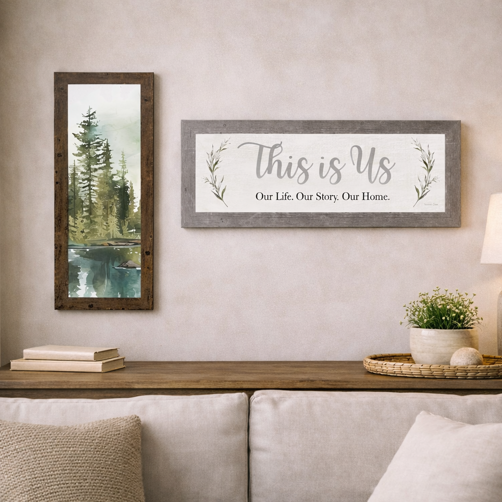 Oversized 14x40 framed wall art displayed on a wall, shown in both horizontal and vertical orientations with thick 2.5-inch solid wood frames.