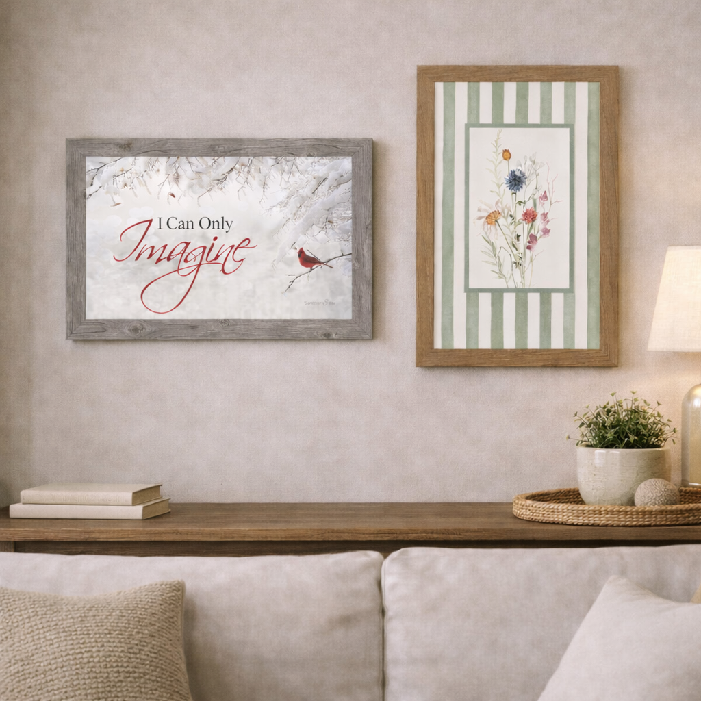 20x26 framed wall art in both vertical and horizontal formats – handmade square prints with scripture, cardinals, seasonal scenes, and inspirational quotes