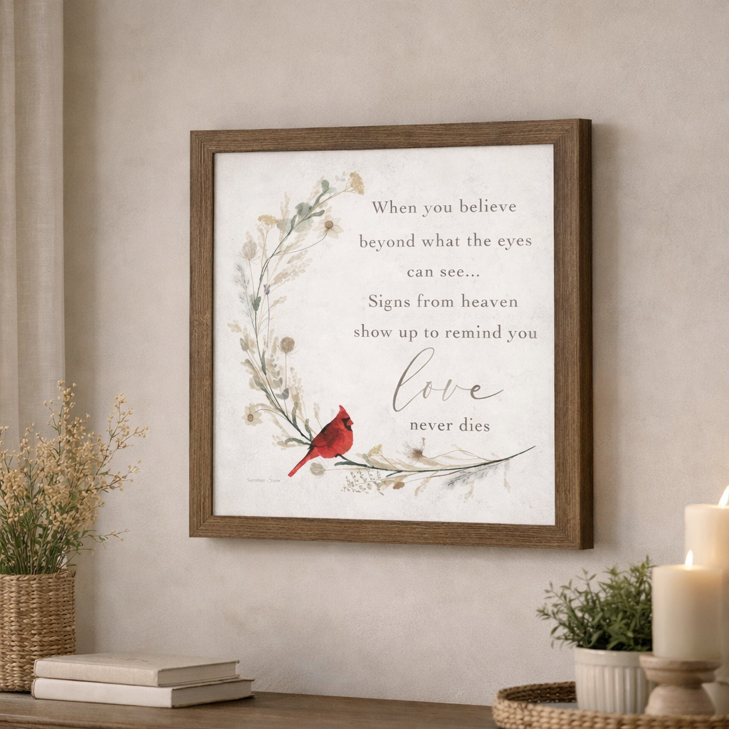 14x14 framed wall art featuring square inspirational prints with cardinals, scripture, florals, and seasonal glittered detail by Summer Snow