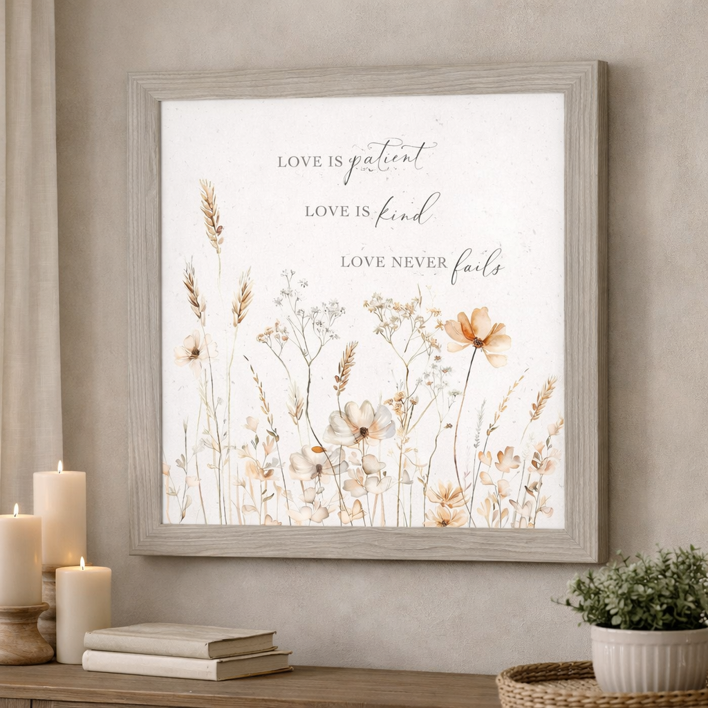 18x18 square framed wall art with scripture, cardinals, florals, and seasonal quotes – handcrafted and glittered by Summer Snow