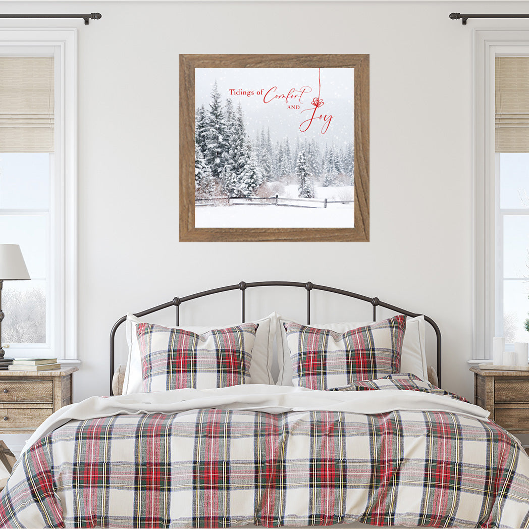 Framed Christmas wall art featuring a mix of festive words and scenic winter landscapes — joyful home decor for the holiday season.