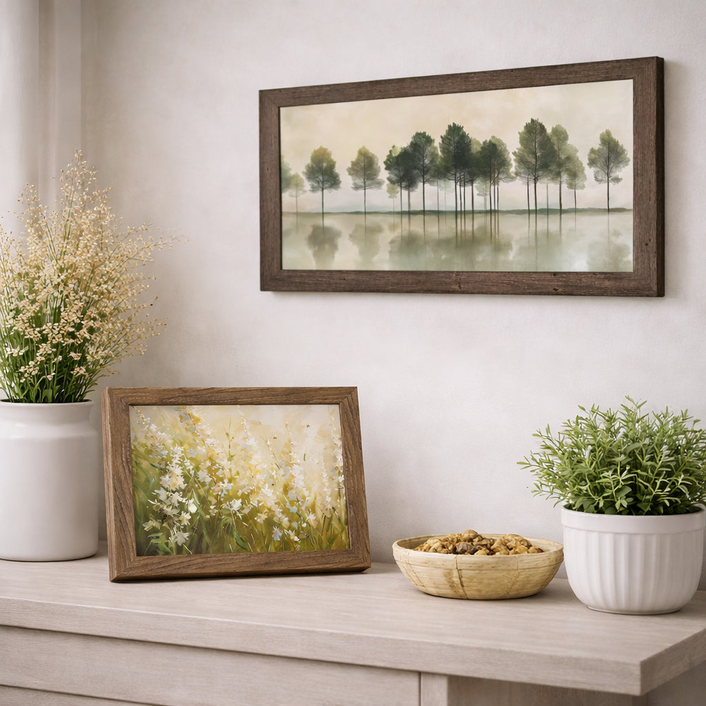 28x16 framed watercolor landscape wall art in natural brown 2.5 inch frame featuring minimalist trees reflected in calm water, styled above a console table with 10x8 floral field art with bees in coordinating wood frame