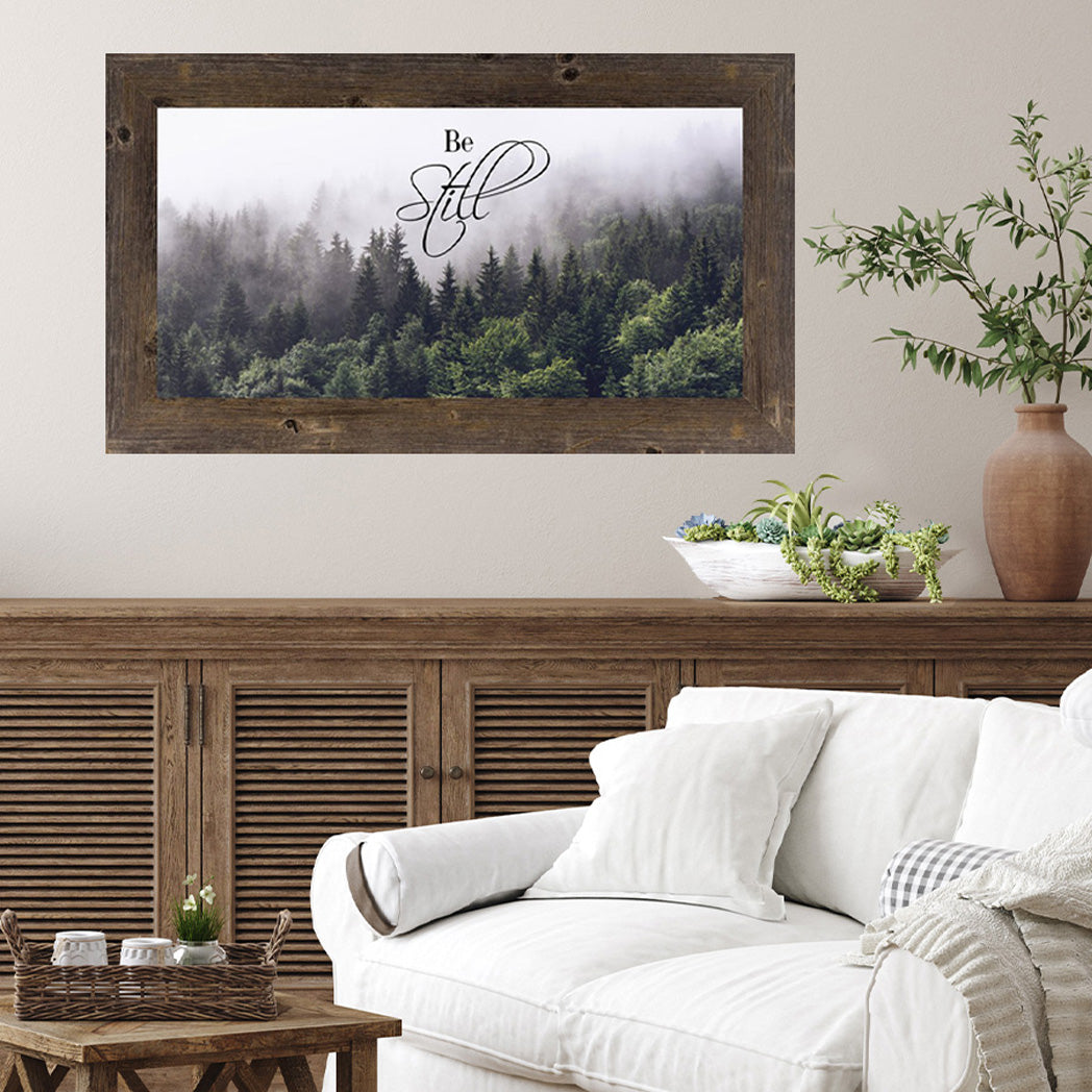 Scenic framed wall art with a warm countryside landscape in a rustic frame, glittered and glassless
