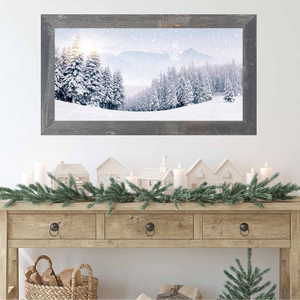 Rustic winter framed wall art with snowy scene and gray frame – perfect for seasonal home decor