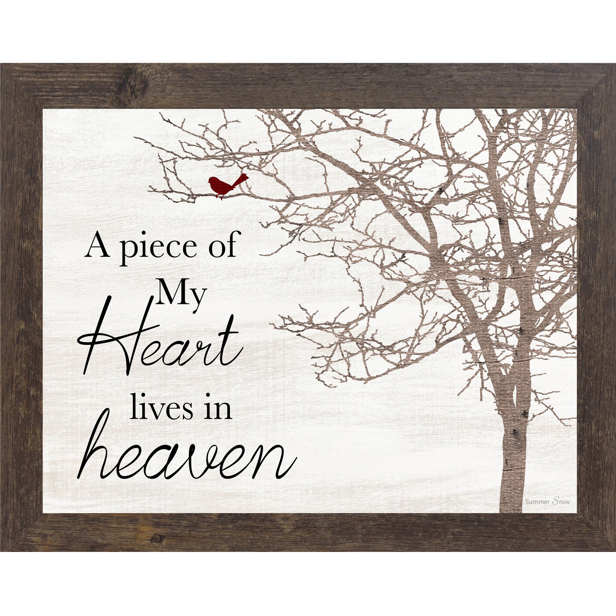 Sympathy framed wall art featuring a red cardinal on a tree branch with the words “A piece of my heart lives in heaven” on a warm tan background