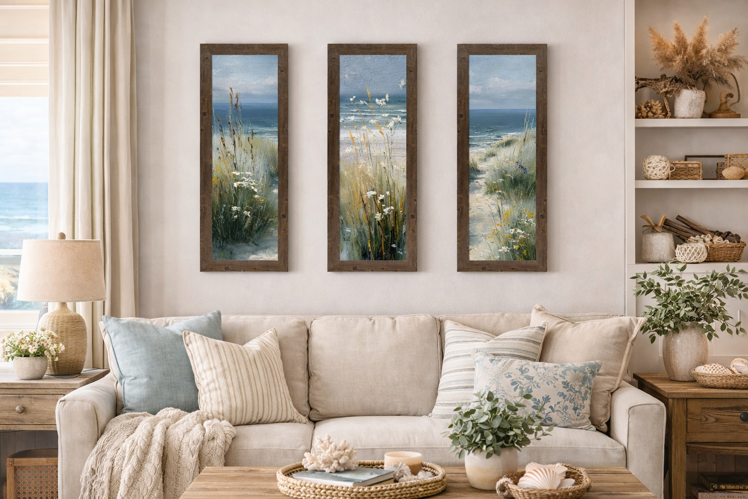 Three Natural Brown framed coastal path narrow portrait triptych panels displayed side by side above a cream sofa in a coastal living room with woven lamp eucalyptus greenery striped pillows and coral and shell decor on the coffee table (Right Panel Listing)