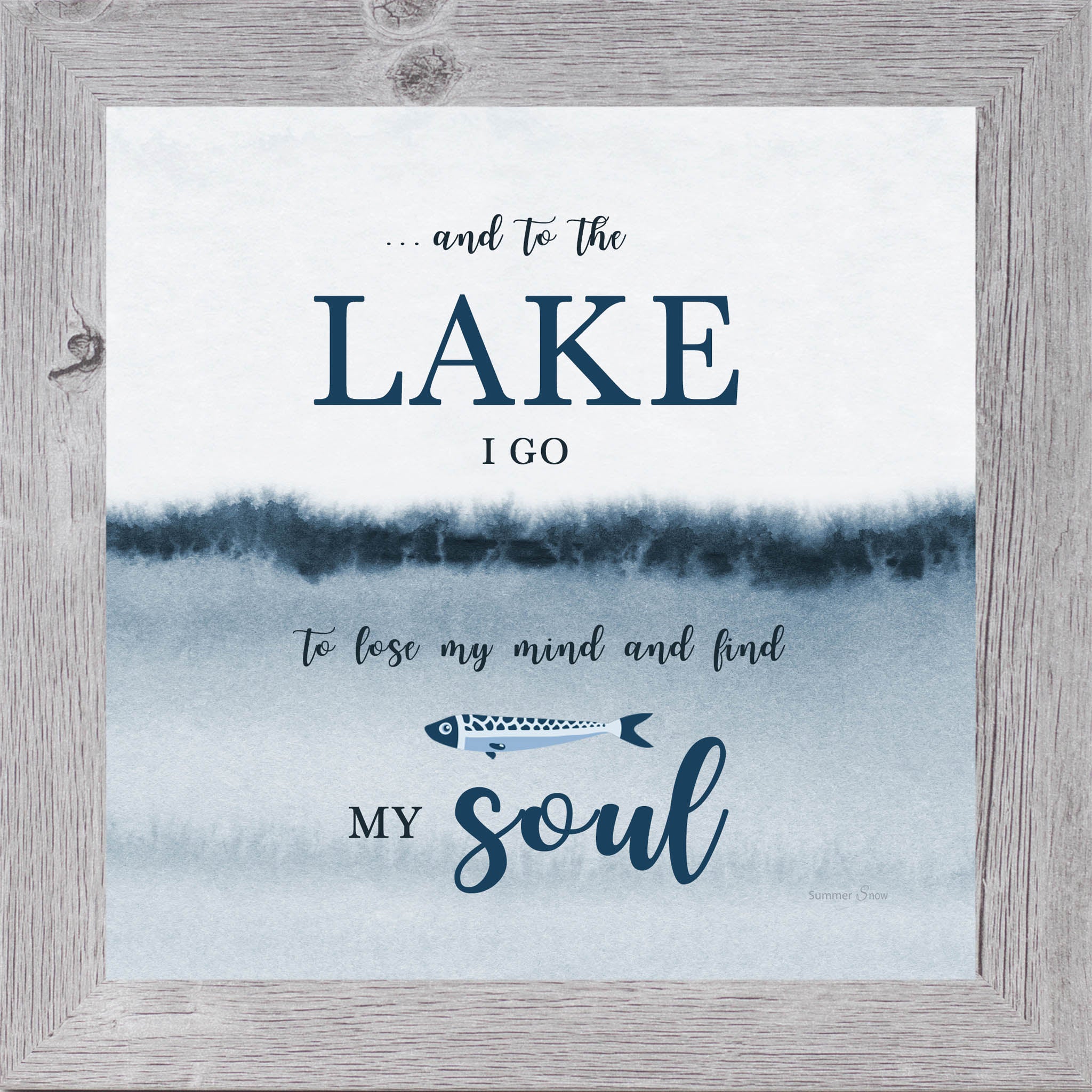 Lake house framed wall art featuring And to the Lake I Go quote with calm lake imagery and neutral tones, inspirational decor for cabin or cottage