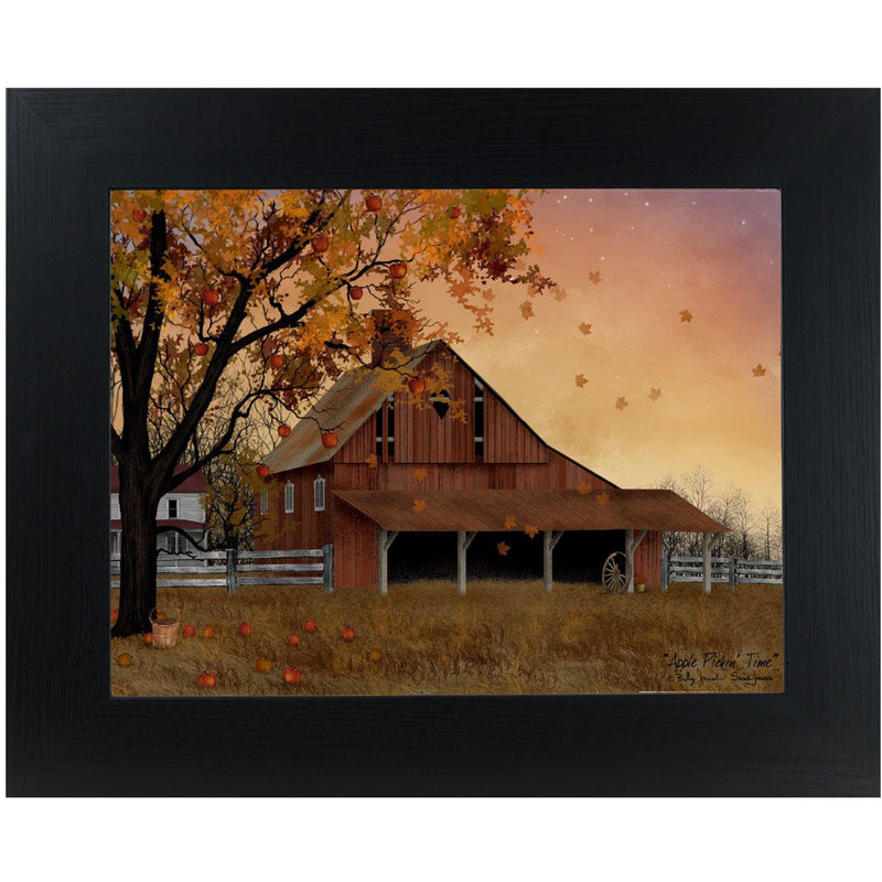 Framed autumn barn and apple tree scene inspired by Billy Jacobs with hand-glittered accents
