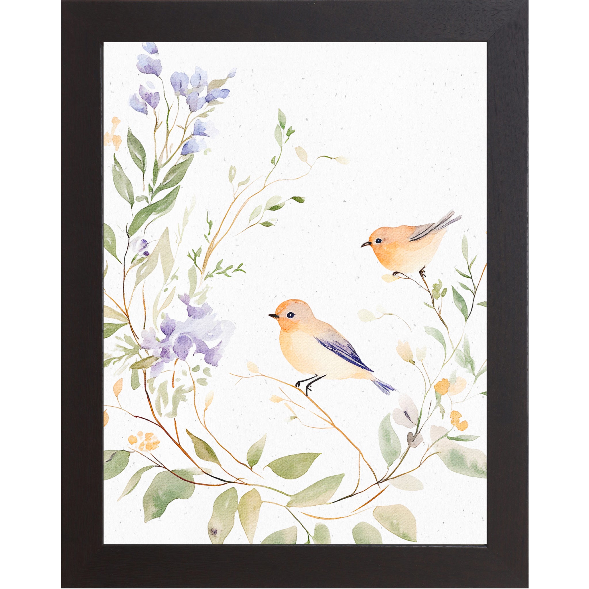 Black color Framed watercolor wall art featuring two small birds perched on a floral branch with green leaves and soft lavender flowers on a neutral white background.