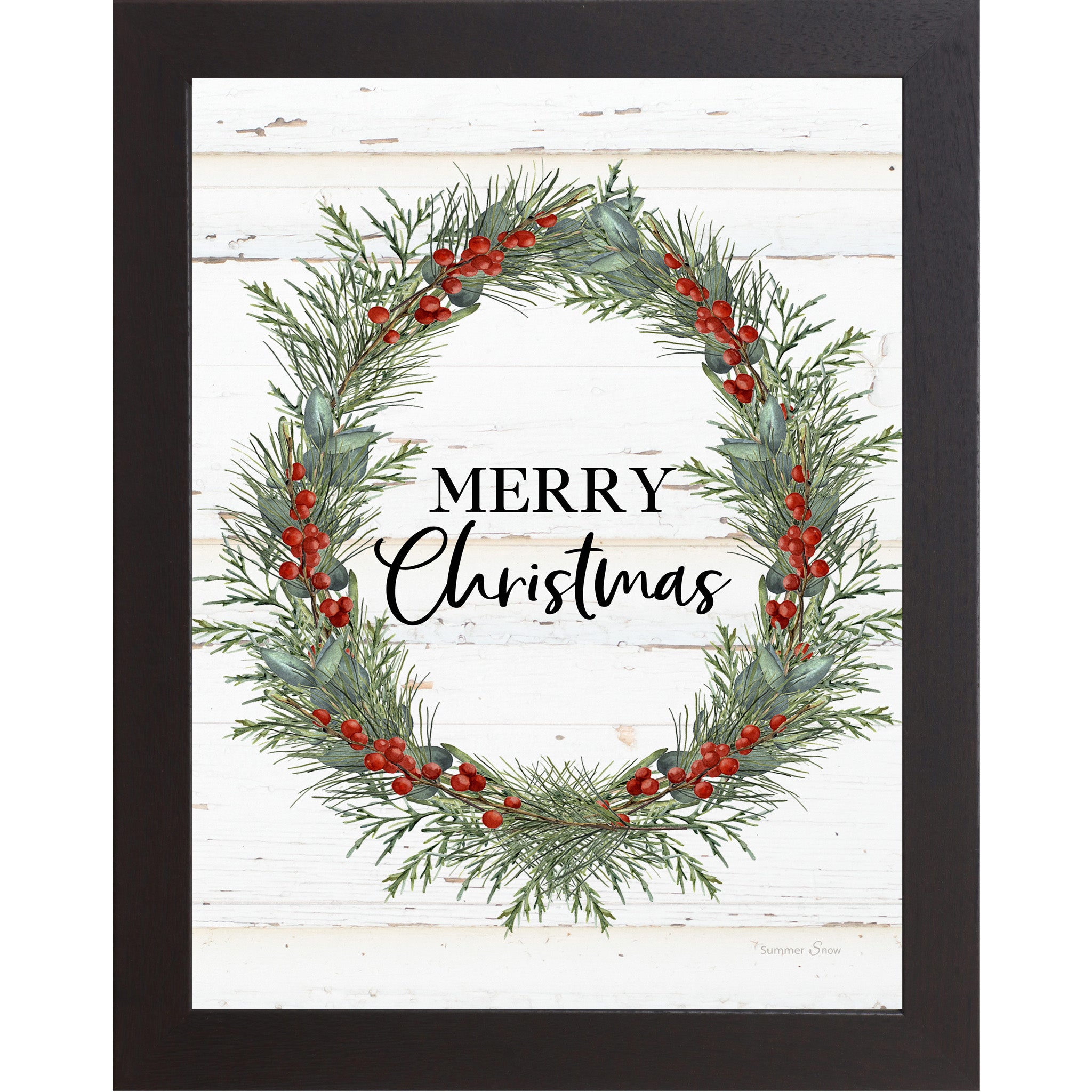 Merry Christmas Wreath Framed Wall Art – Vertical Christmas Decor with Green & Red Wreath | SS93