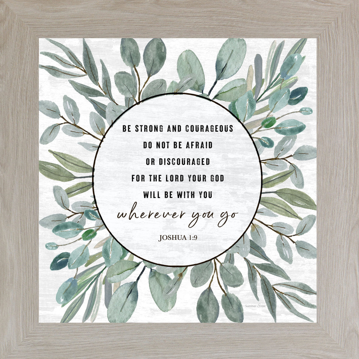 Christian framed wall art featuring Be Strong and Courageous scripture from Joshua 1:9 with peaceful nature background and neutral tones, faith based decor