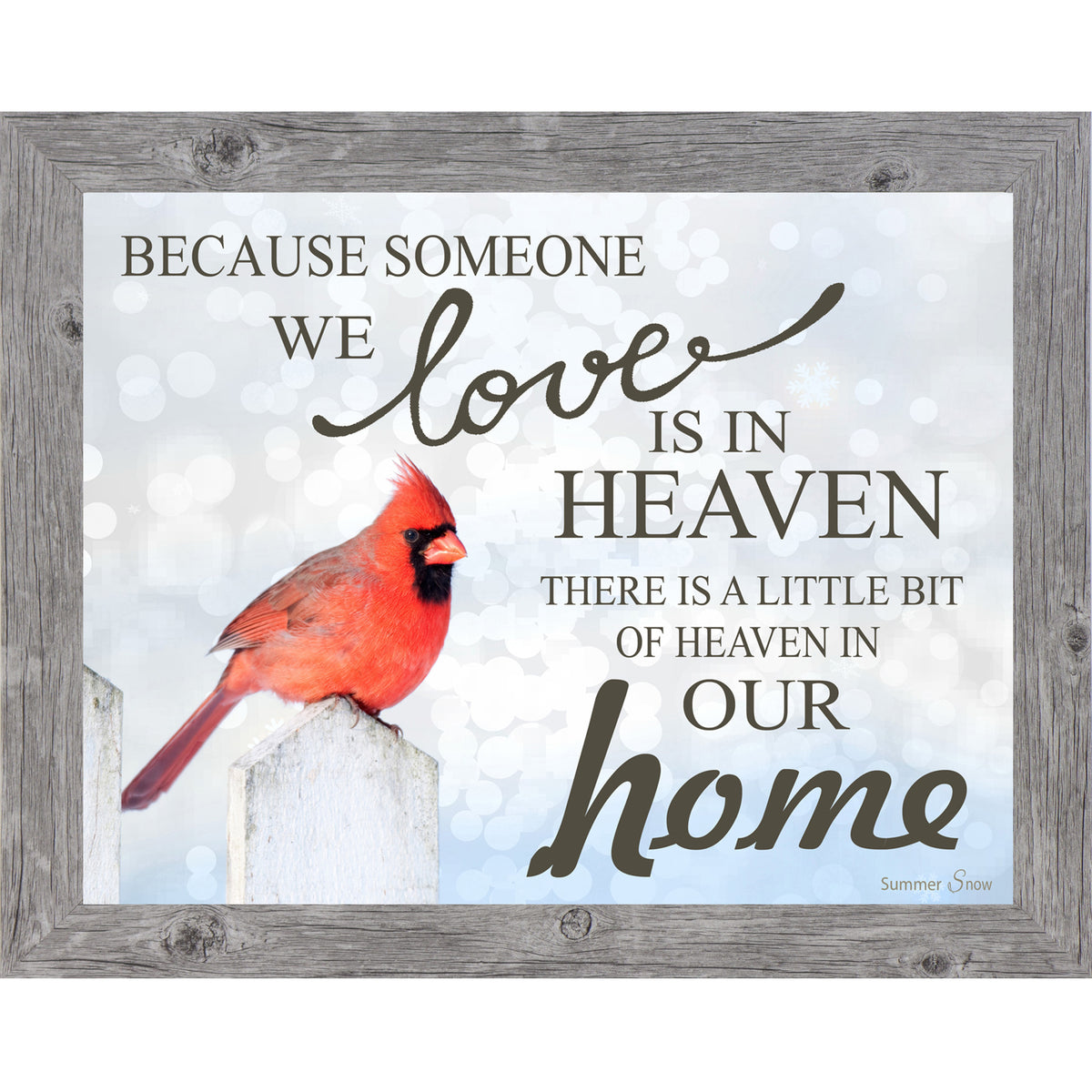 Vertical framed sympathy wall art featuring a red cardinal on a fence post with a soft blue background and glowing light orbs, remembrance decor