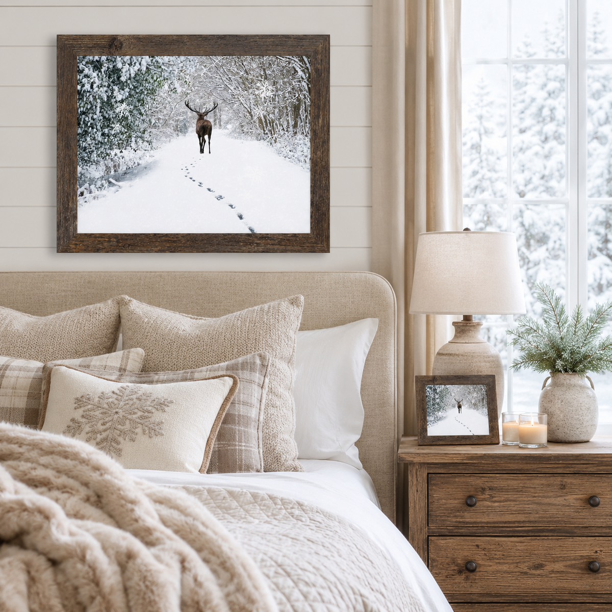 Natural brown framed winter stag wall art displayed above a beige tufted headboard in a cozy bedroom with layered knit, plaid, and embroidered snowflake pillows, a wood nightstand with a linen lamp and matching smaller piece, and snowy pine branches in a vase beside a window with falling snow visible outside