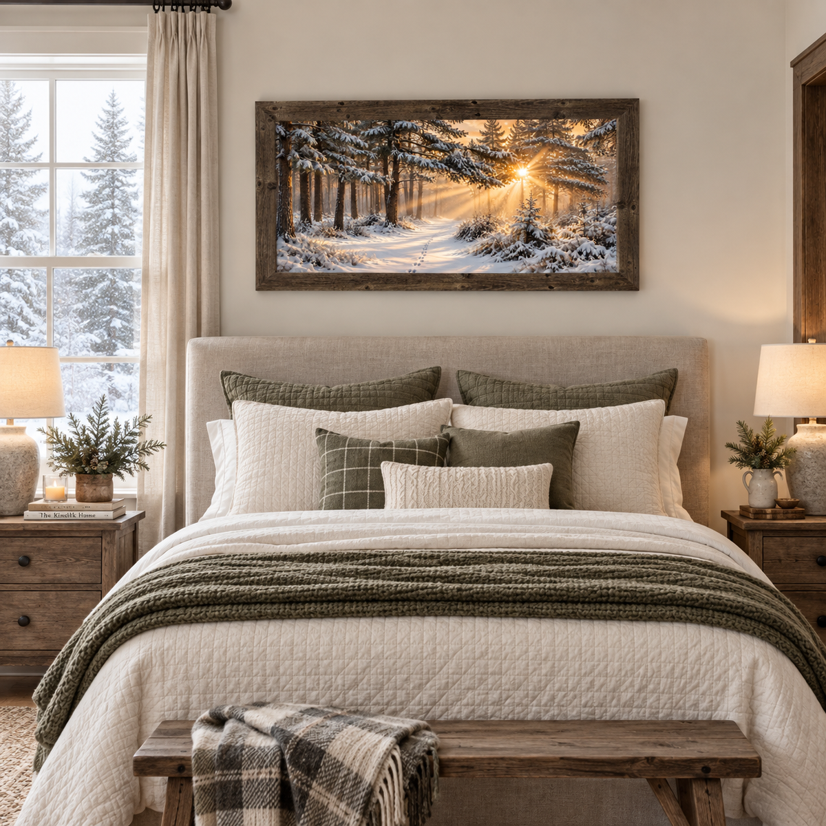 Snowy forest sunrise wall art in a natural brown frame hanging above the bed in a cozy bedroom