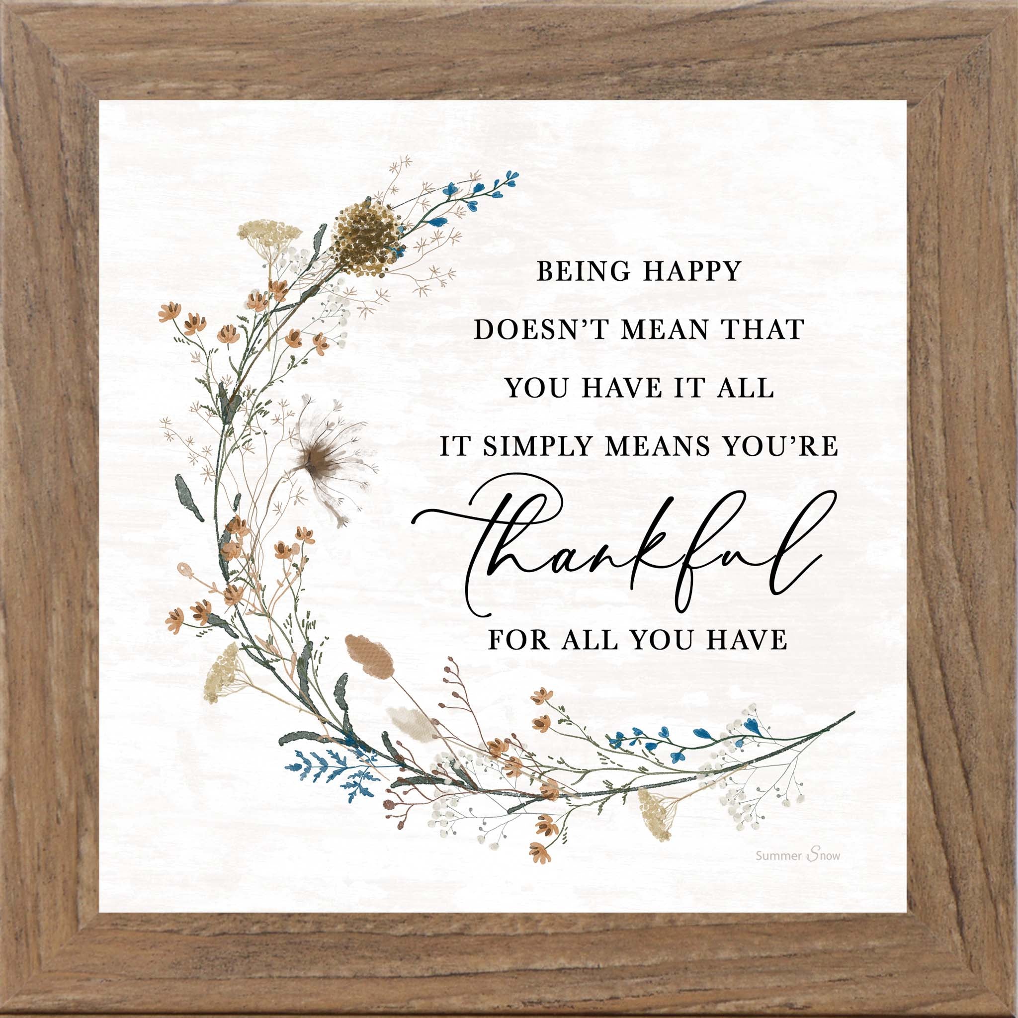 Framed inspirational wall art with the quote Being happy doesn’t mean that you have it all, surrounded by a soft floral bouquet on an off-white background