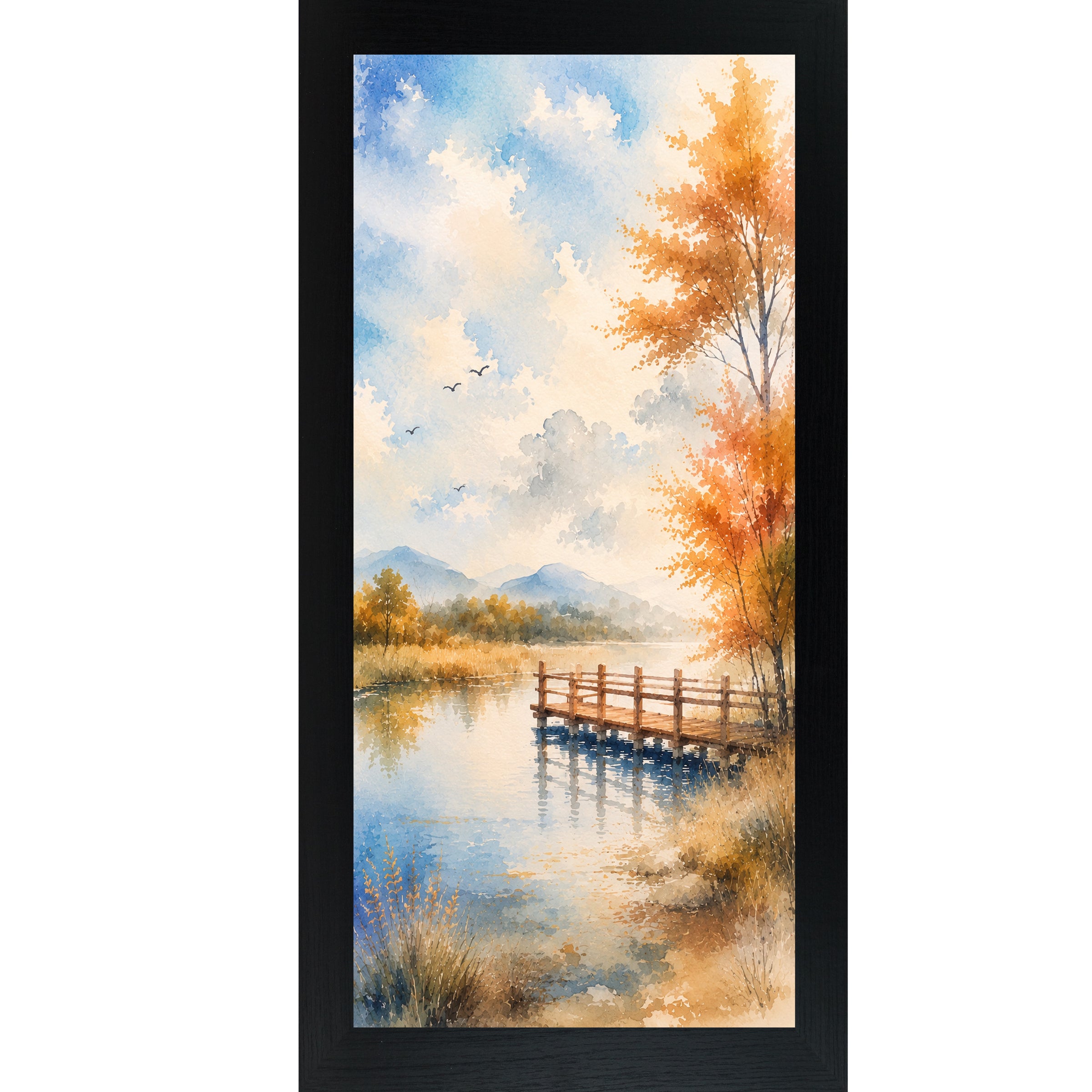 Black framed tall portrait scenic wall art featuring a watercolor autumn pier over still lake water with golden autumn tree birds in sky and misty mountains