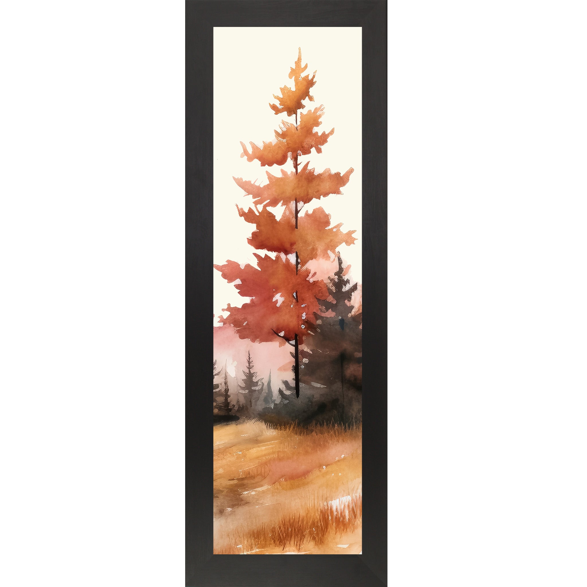 Black framed narrow portrait fall wall art featuring a single bold pine tree in deep autumn orange and crimson watercolor style with dark misty forest and golden field