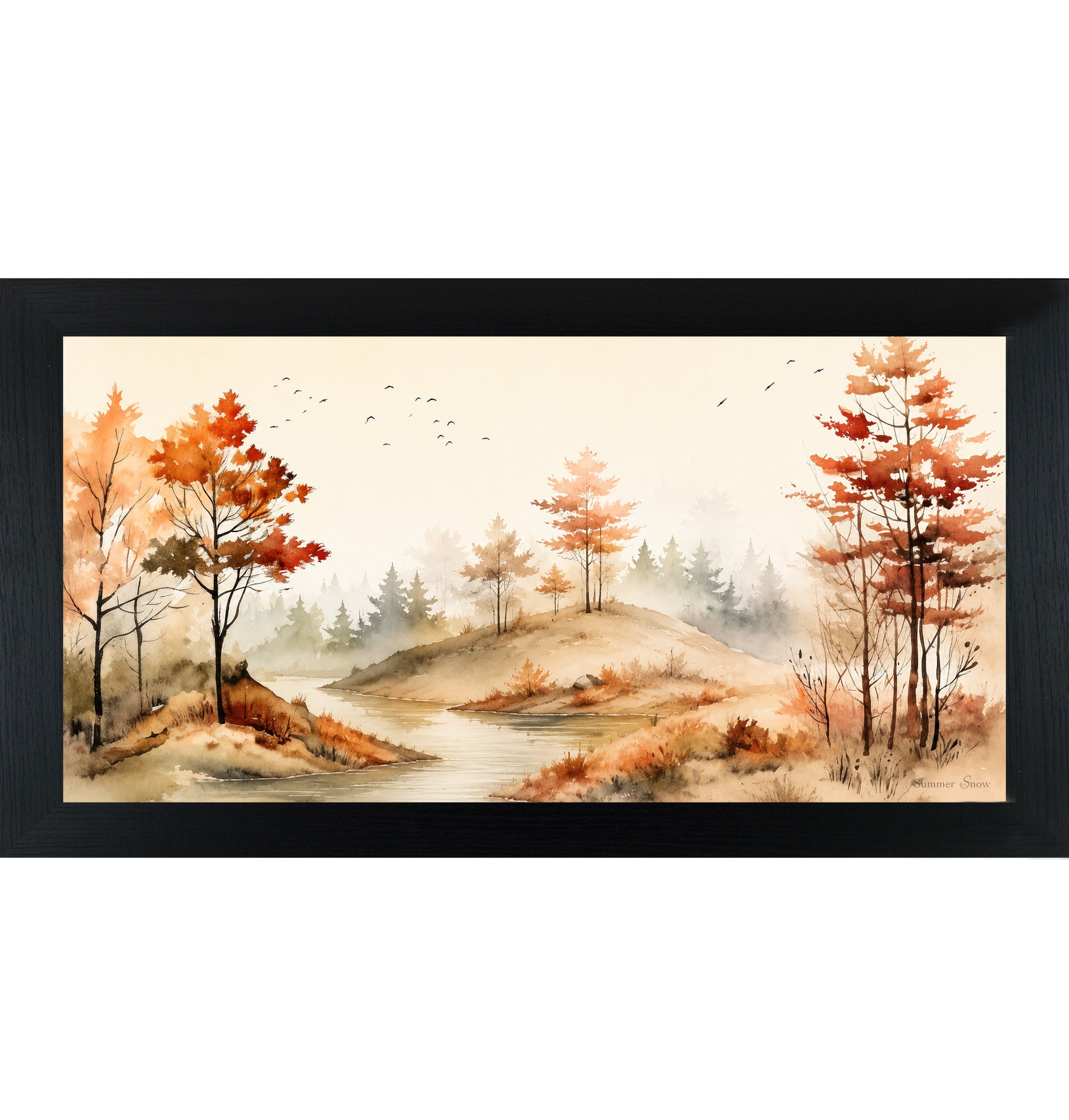 Black framed wide landscape fall wall art featuring watercolor autumn river valley with amber and burnt orange trees birds in flight and misty evergreen forest — Autumn River SB764
