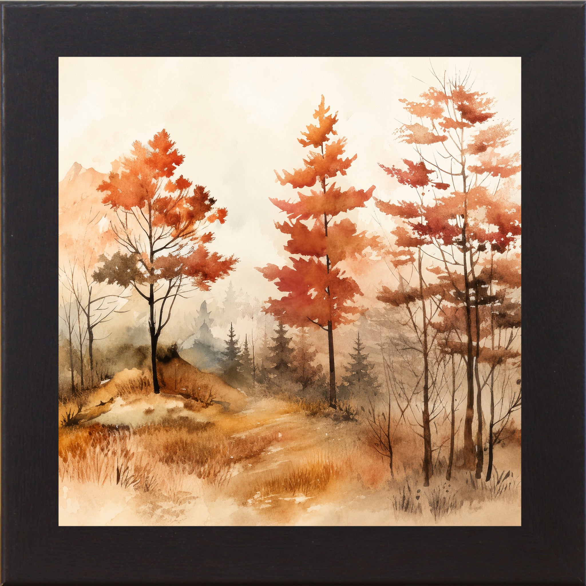 Black framed square fall wall art featuring three autumn trees in watercolor landscape with burnt orange foliage misty mountains and golden grasses