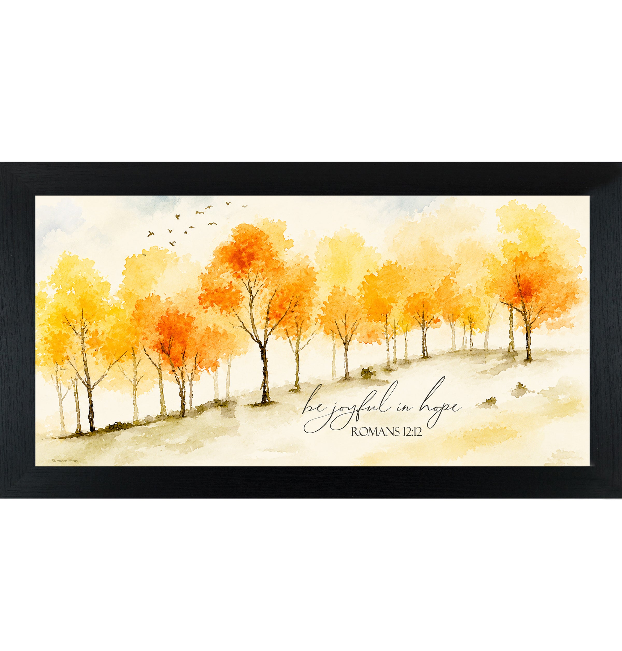 Black framed wide landscape Christian scripture wall art featuring watercolor golden orange and yellow autumn trees with birds in flight and the words Be Joyful In Hope Romans 12:12 in elegant script on warm cream background — SN704