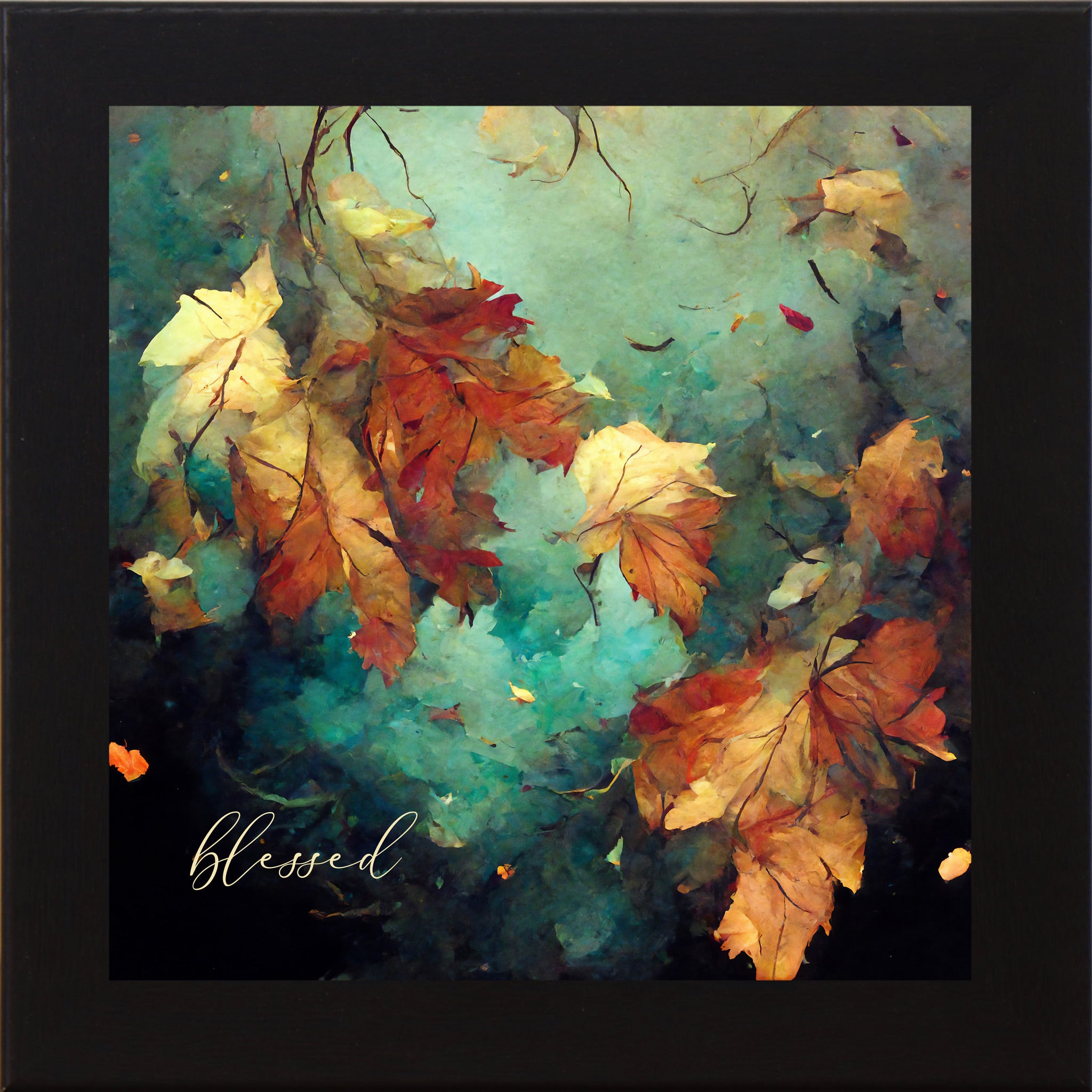 Black framed square fall wall art featuring teal watercolor autumn maple leaves in amber and burnt orange with the word "blessed" in gold script — Blessed SB305