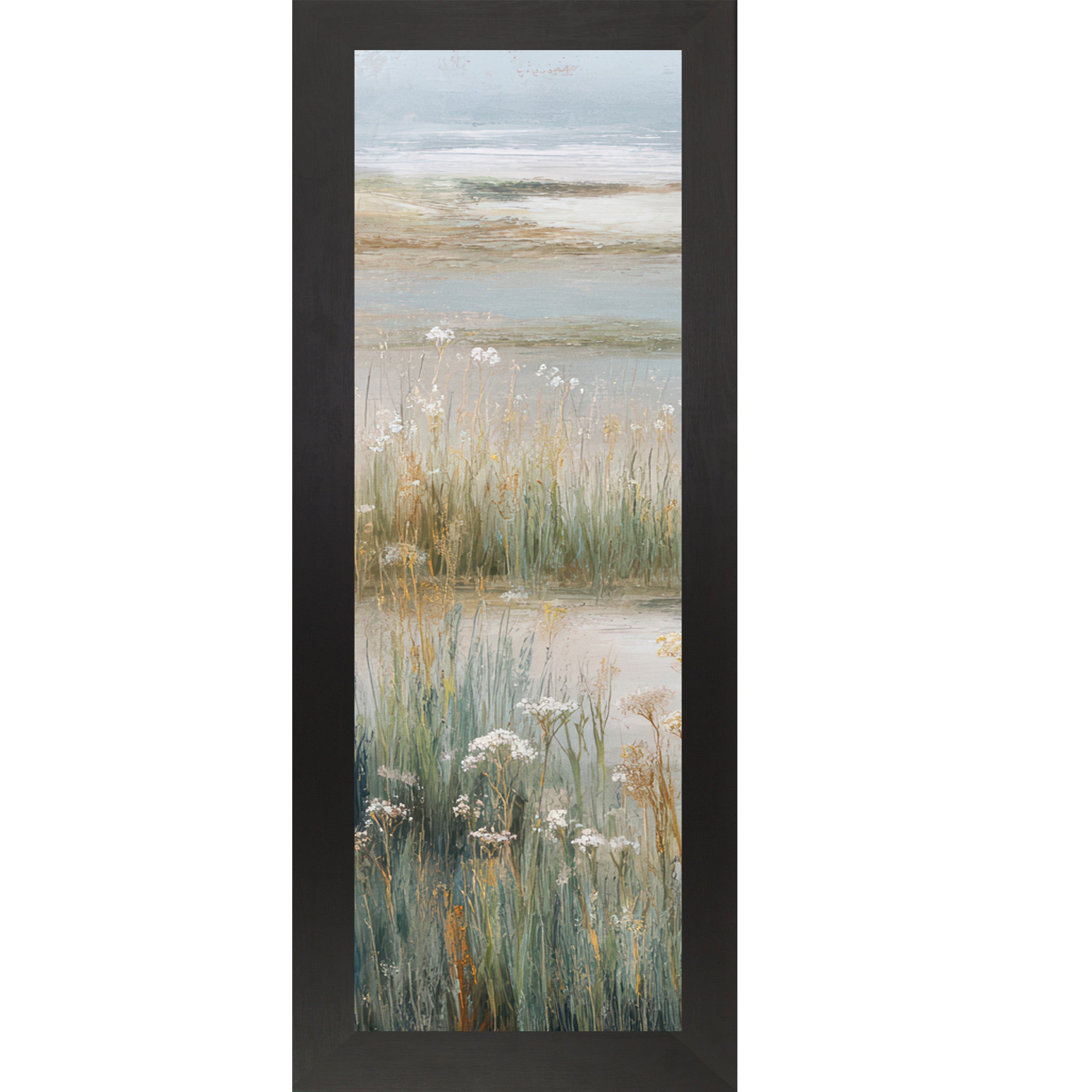 Black framed narrow portrait coastal marsh wall art with dense teal marsh grasses white Queen Anne's Lace wildflowers and misty tidal flat — left panel of coastal triptych