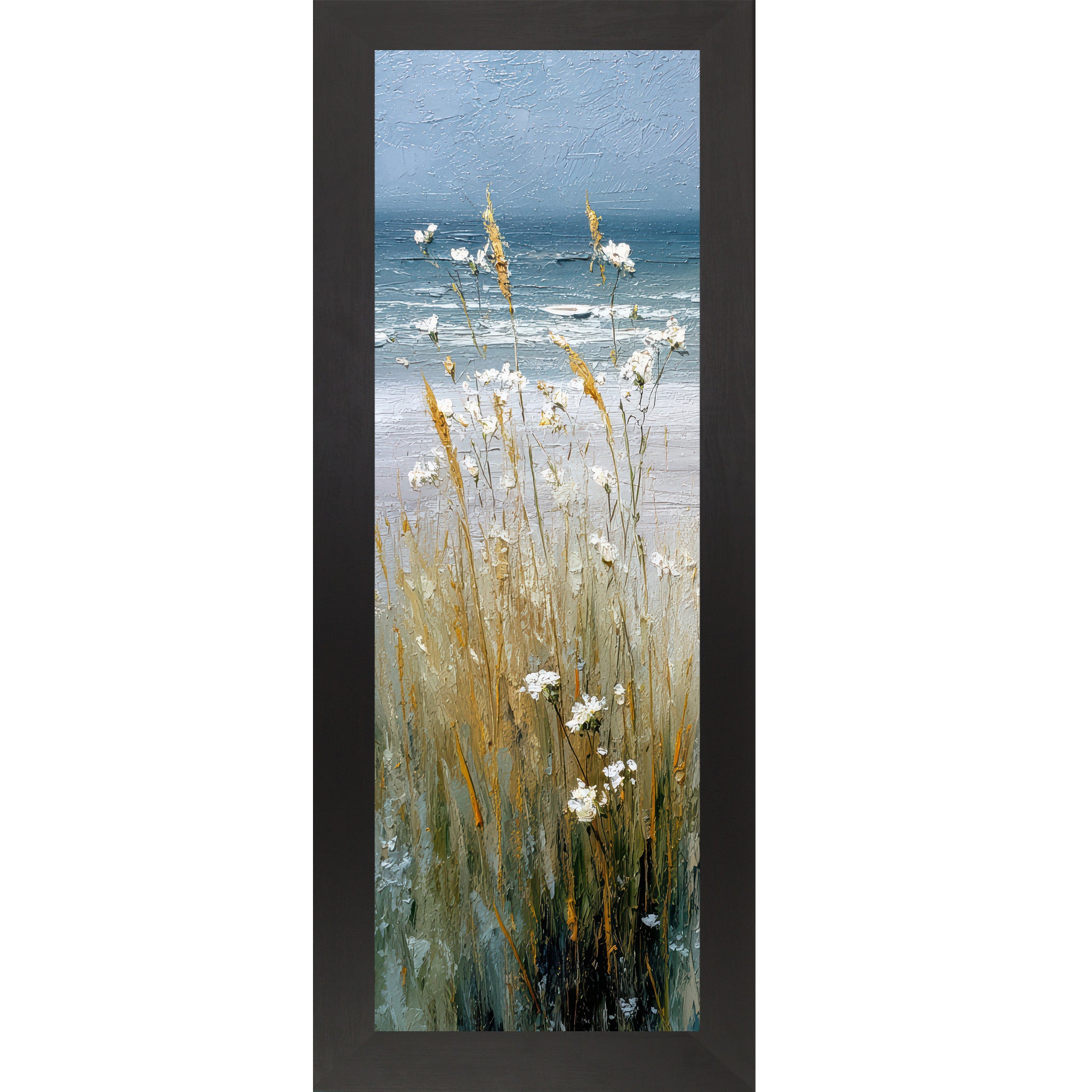 Black framed narrow portrait coastal path center panel wall art featuring golden cattails and white wildflowers against a stormy teal ocean and heavy blue gray sky with no path visible