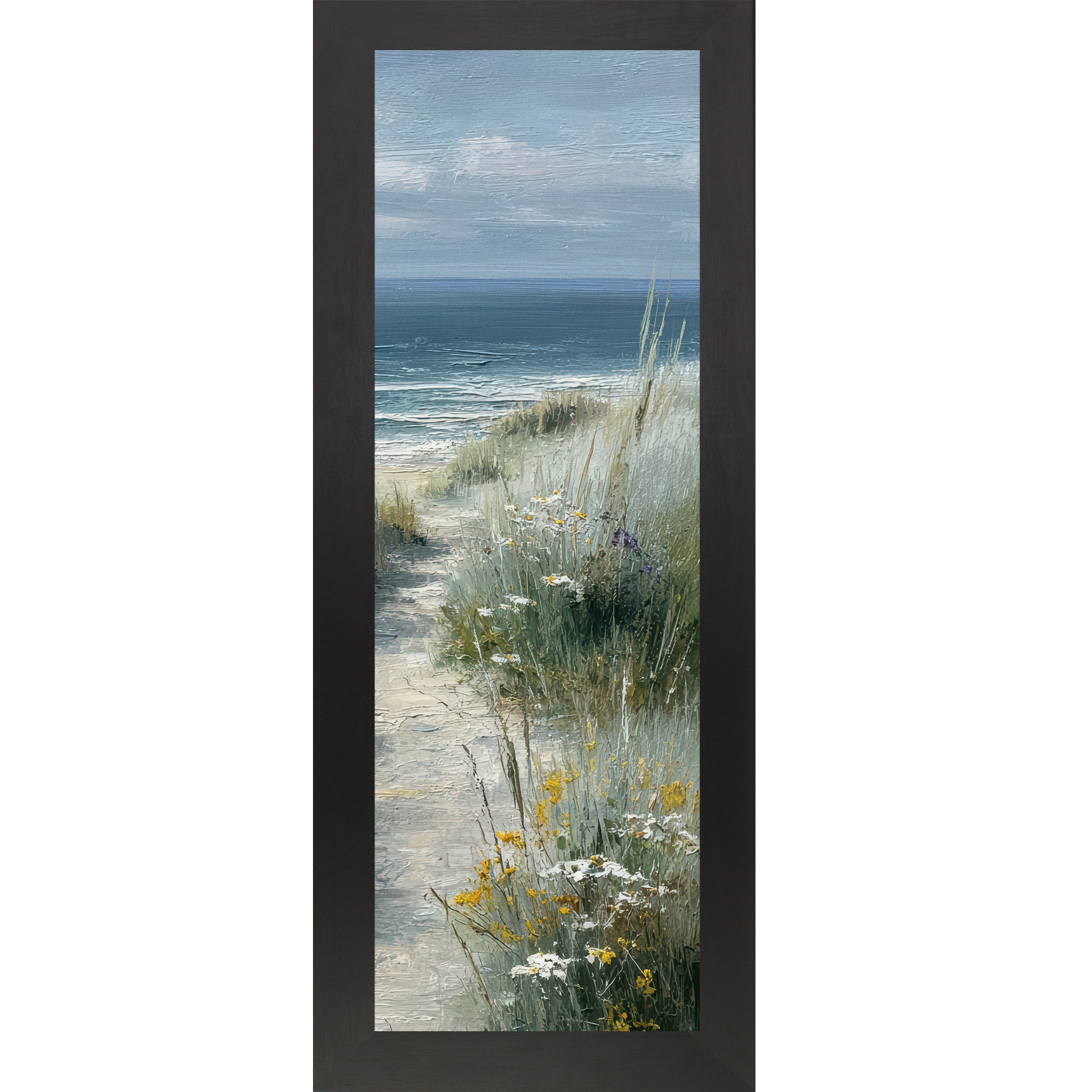 Black framed narrow portrait coastal path right panel wall art featuring a sandy beach path curving right through sea grasses with yellow wildflowers and calm teal ocean under a bright sky