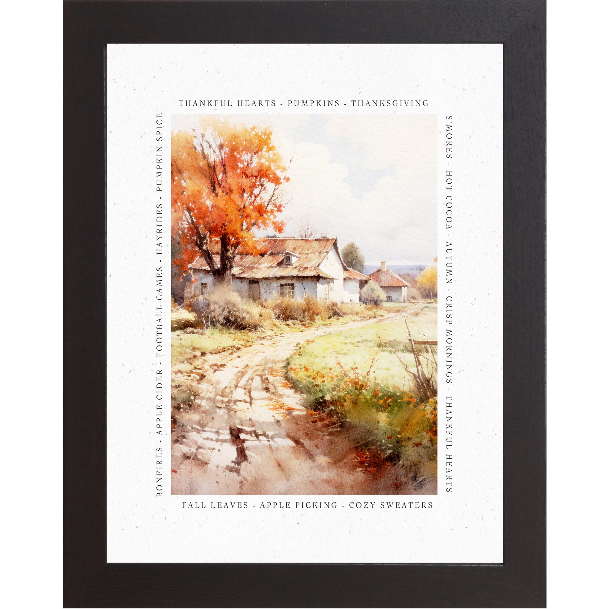 Black framed portrait fall farmhouse porch wall art featuring watercolor Adirondack chair pumpkins and lantern surrounded by fall quote border — There Is Always Something To Be Thankful For Crisp Mornings Cozy Sweaters Falling Leaves Good Memories Fall Reminds Us How Beautiful Change Can Be — SN388
