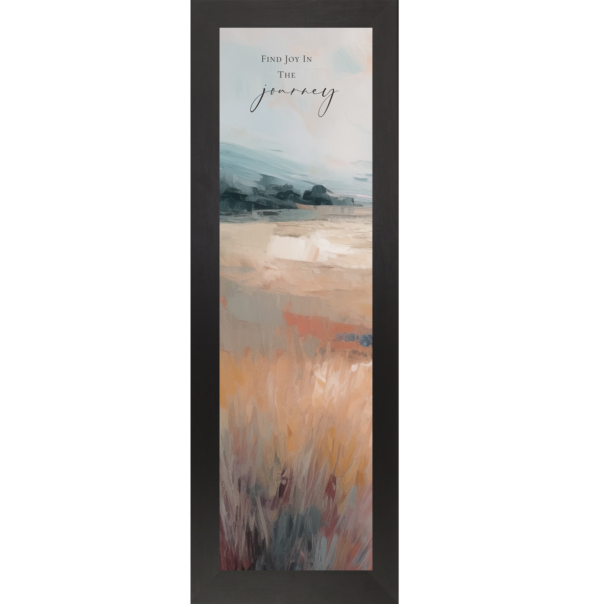 Black framed narrow portrait inspirational wall art with Find Joy In The Journey quote over a terracotta abstract landscape with soft blue-grey sky and warm amber field with burgundy foreground grasses