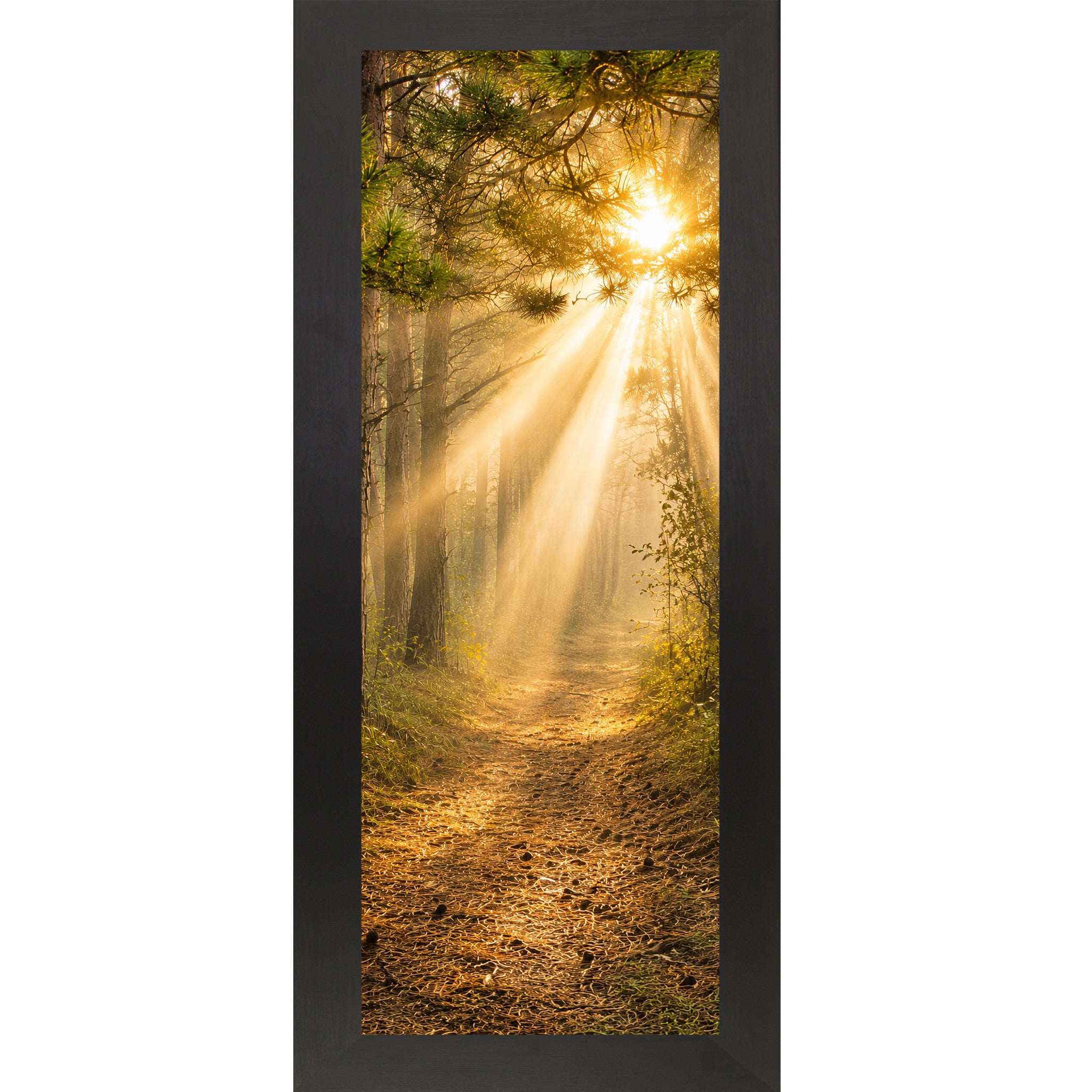 Black framed narrow portrait nature wall art featuring a divine forest path with golden sunlight rays streaming through pine tree canopy toward a glowing sun in warm sacred morning light