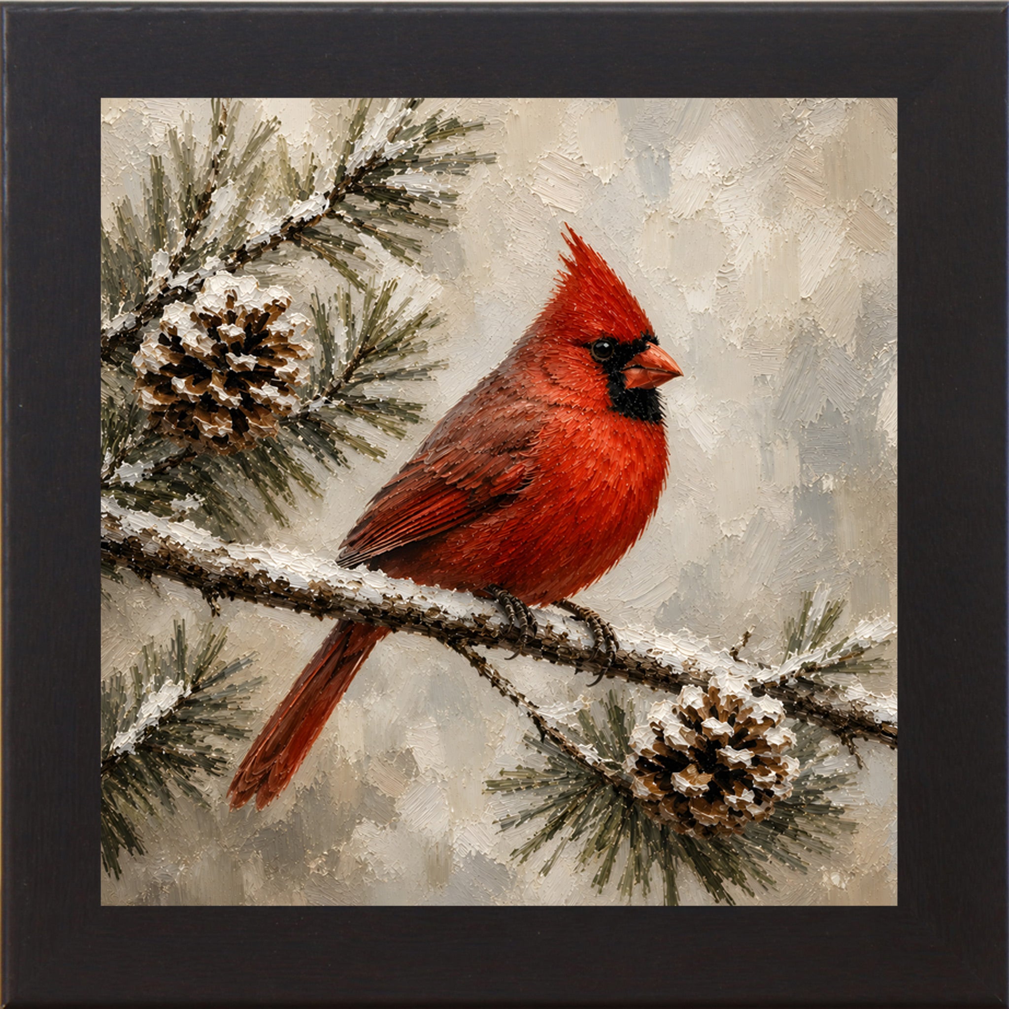 Black framed square painted winter wall art featuring a red cardinal perched on a snowy pine branch with pinecones