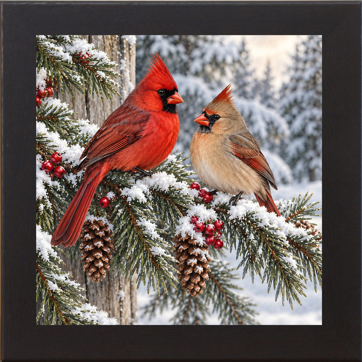 Black framed square winter cardinal wall art featuring a pair of red and tan cardinals perched on a snowy pine branch with pinecones and red berries