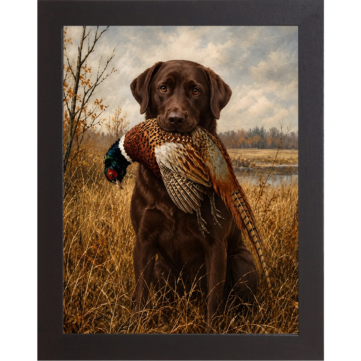 Black framed portrait heritage hunting dog wall art featuring a chocolate Labrador holding a pheasant in a golden autumn field