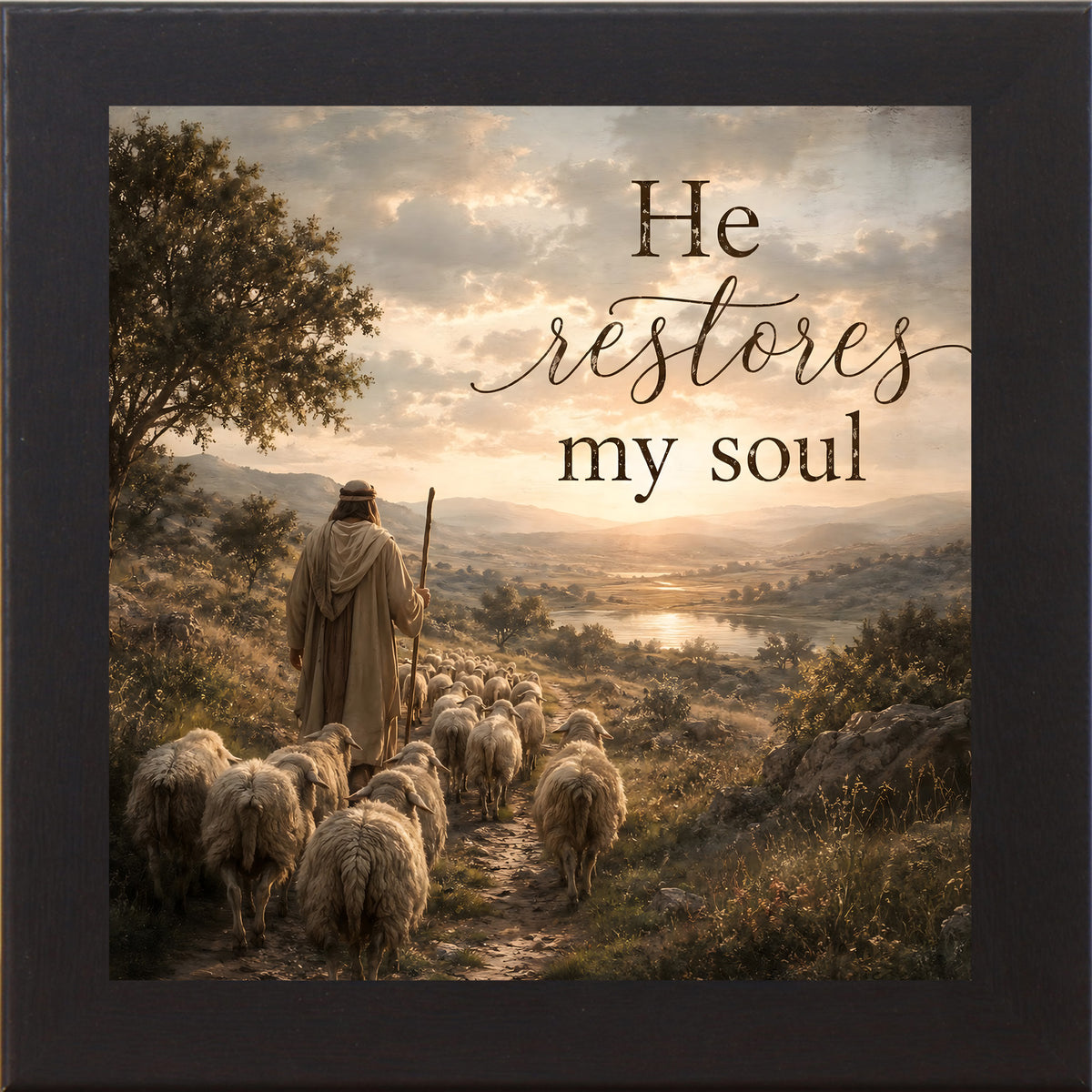 Black framed square Christian wall art featuring a shepherd leading a flock of sheep down a golden hillside toward a river valley with the words "He Restores My Soul"