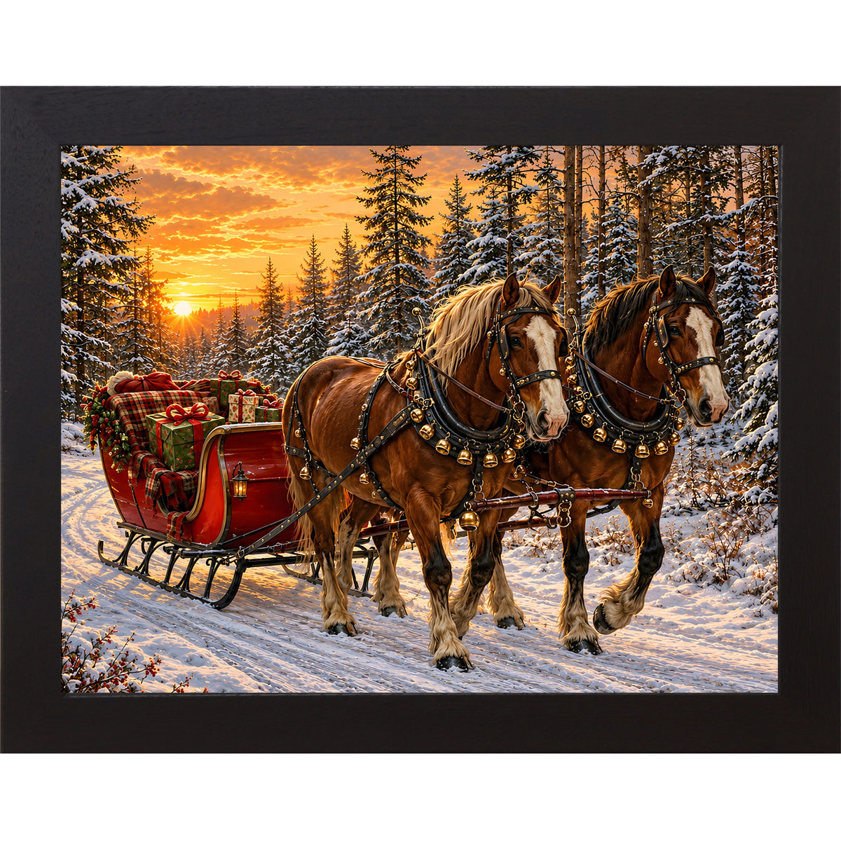 Black framed landscape heritage Christmas wall art featuring two bay draft horses pulling a red sleigh piled with presents through a golden sunset forest