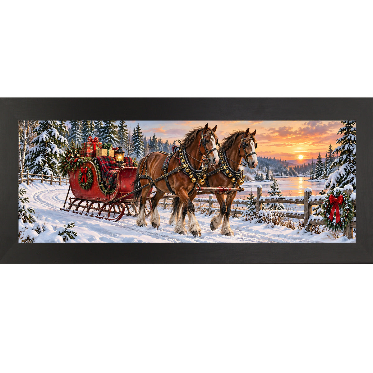 Horse-drawn sleigh wall art in black frame, draft horses pulling Christmas sleigh