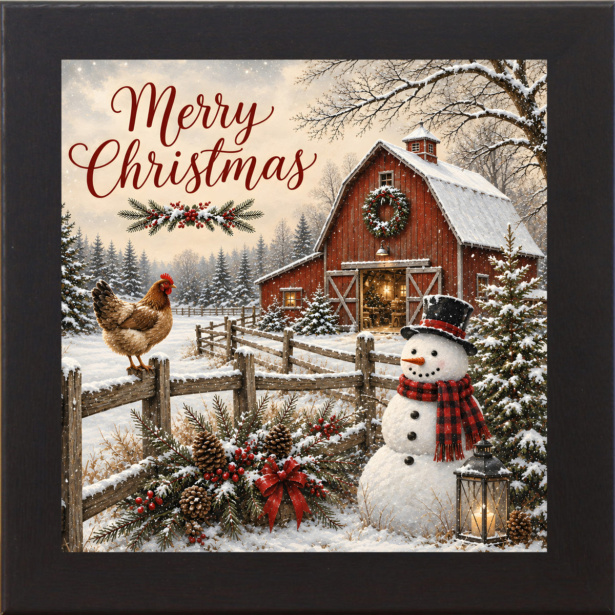 Black framed square Christmas wall art featuring a snowman and hen beside a red barn with the words "Merry Christmas"