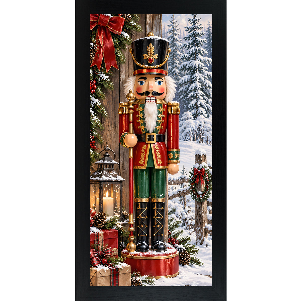 Nutcracker soldier wall art in black frame, classic red and gold nutcracker