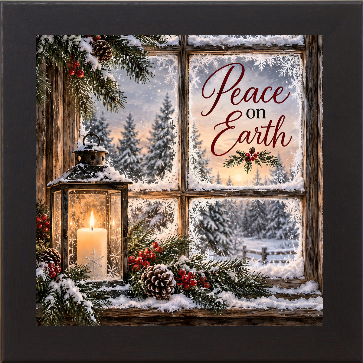 Peace on Earth wall art in black frame, frosted window Christmas scene