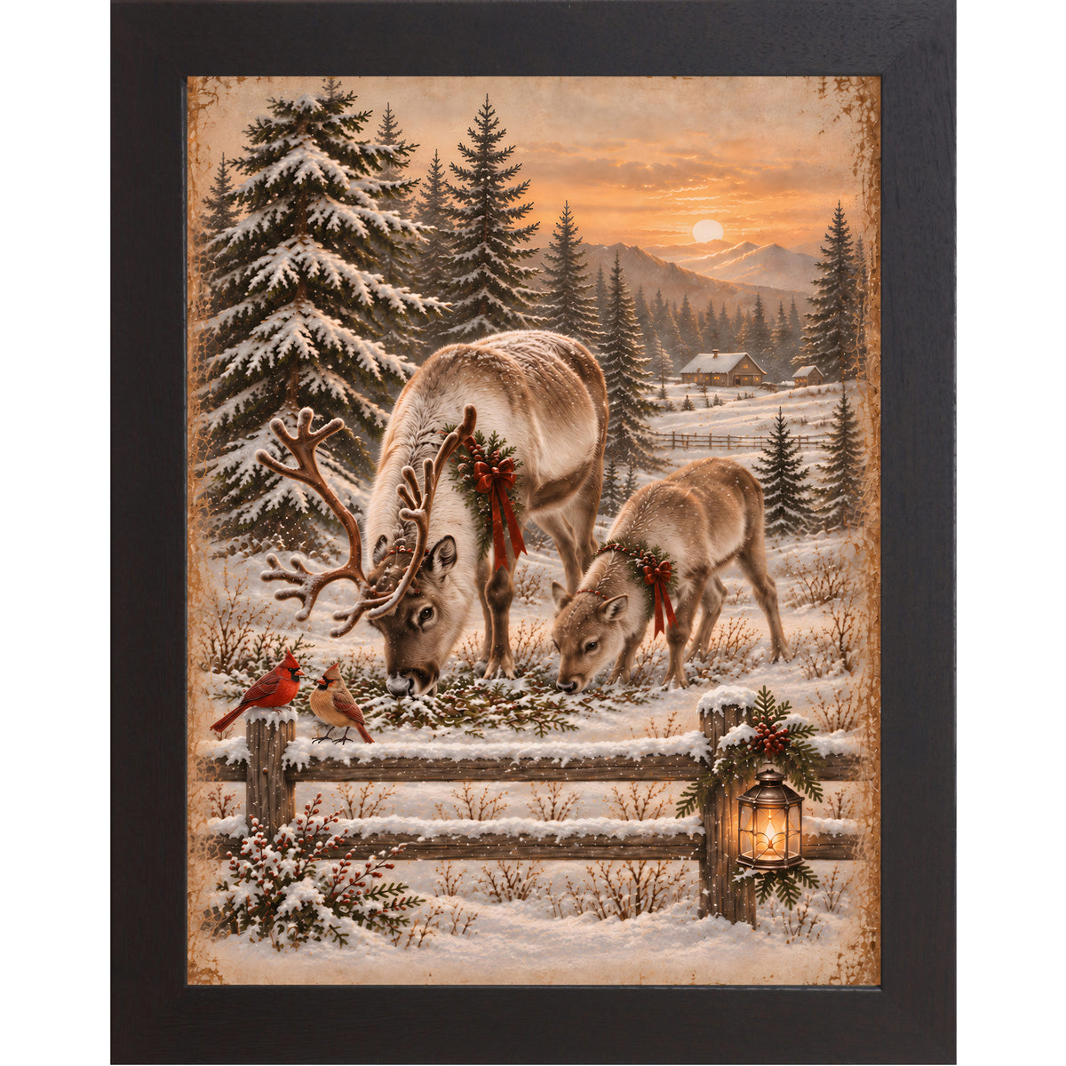 Reindeer and cardinals wall art in black frame, reindeer and cardinals in snow