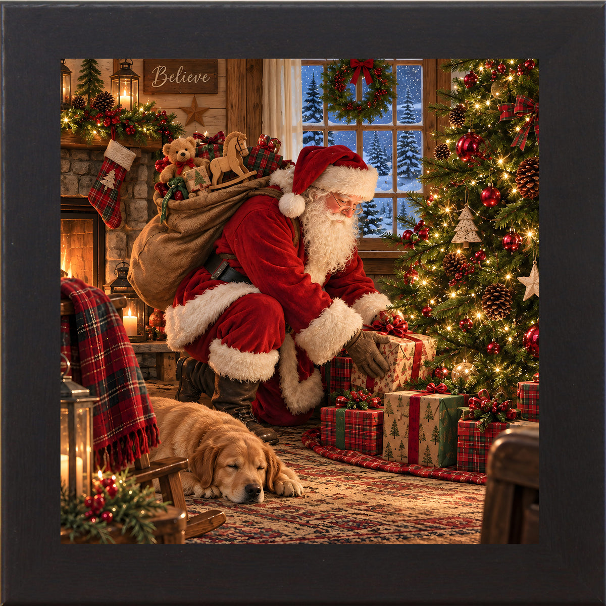 Black framed square Santa Claus Christmas wall art featuring Santa delivering presents beside a tree with a sleeping golden retriever puppy