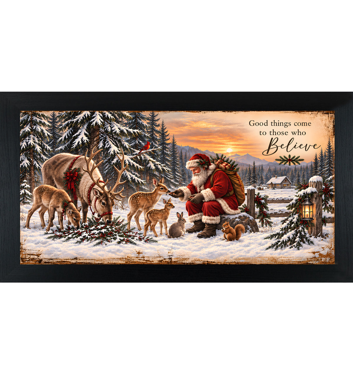 Santa feeding the animals wall art in black frame, Santa with reindeer and fawns in snow