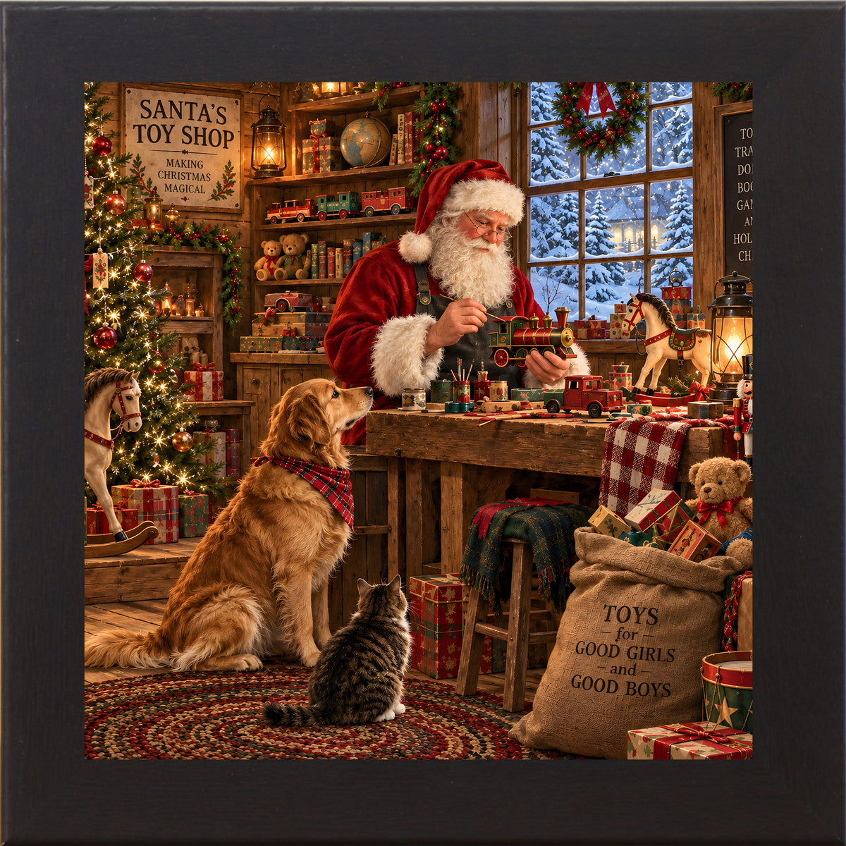Black framed square Santa's toy shop Christmas wall art featuring Santa building toys with a golden retriever and cat watching