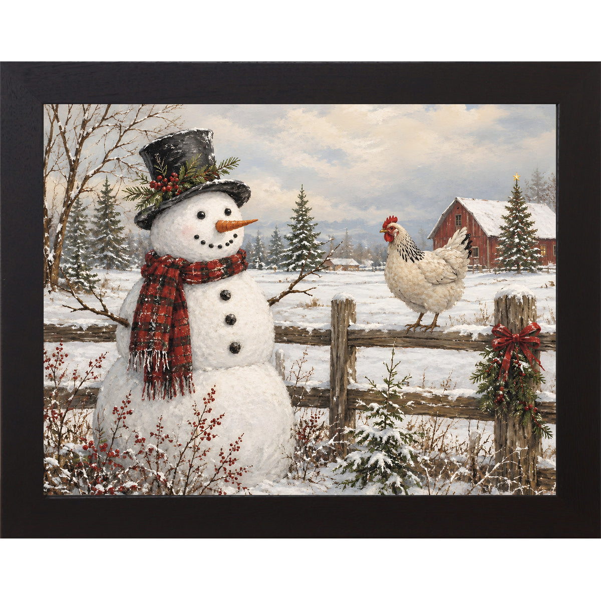 Black framed landscape rural winter wall art featuring a snowman in a top hat and a hen perched on a fence in front of a red barn