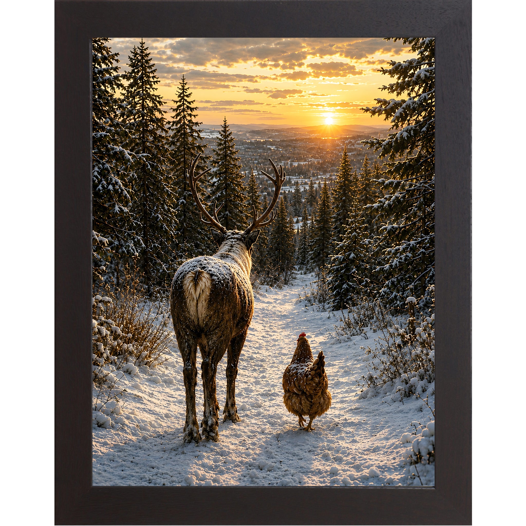Black framed portrait winter wall art featuring a stag and a hen walking down a snowy forest path at golden sunset