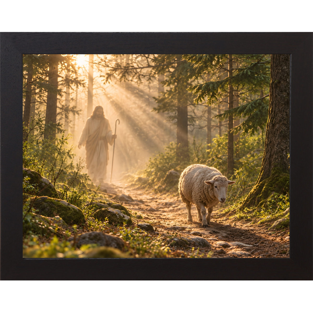 Black framed landscape Christian wall art featuring Christ walking a sunlit forest path with a sheep following behind