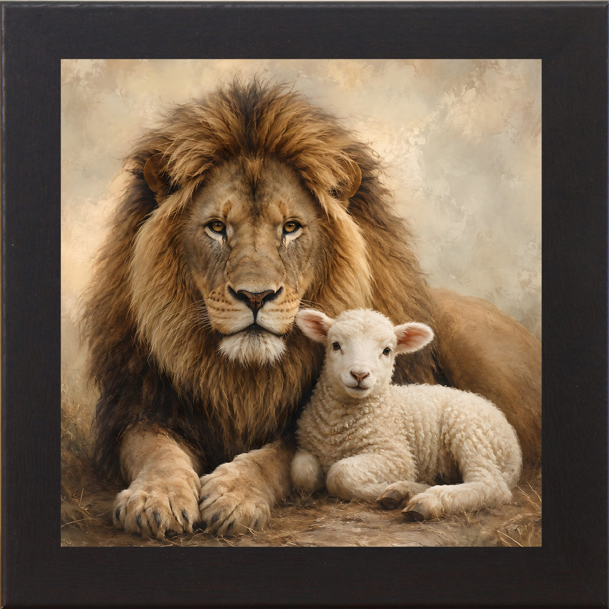 Black framed square Christian wall art featuring a majestic lion resting protectively beside a peaceful lamb