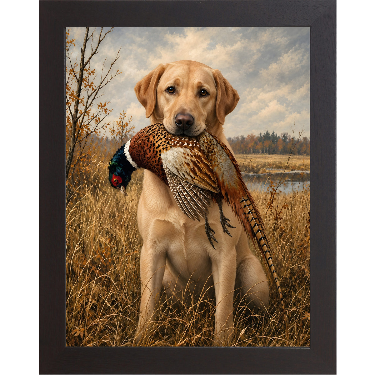 Black framed portrait heritage hunting dog wall art featuring a yellow Labrador holding a pheasant in a golden autumn field